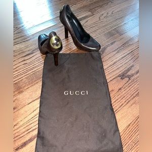 Gucci pumps heels wedge leather brown GG with dust bag